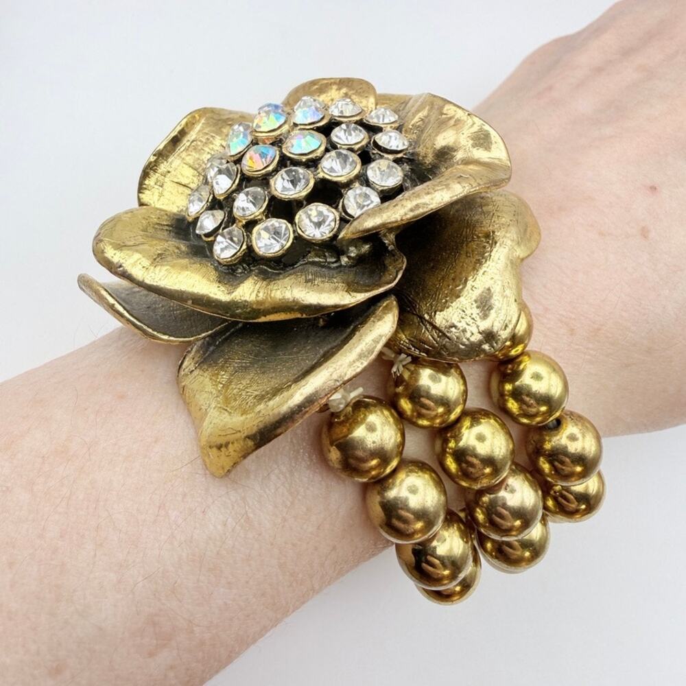 Mid-Century Flower Statement Bracelet 3-D Bold Crystals Gold Tone Multi-Stranded
